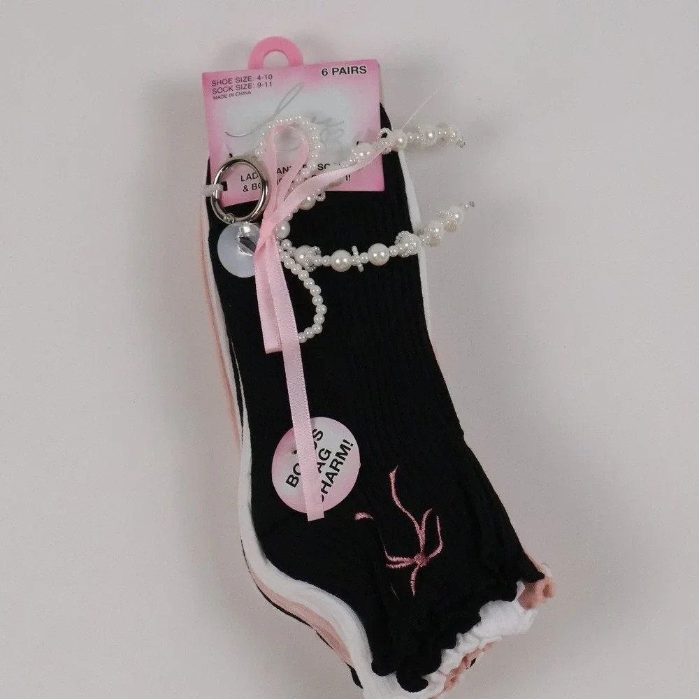 LFH Ankle Socks 6 Pack Lettuce Edge Ruffle Pearl Charm Black Pink White NWT